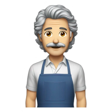Mature man, gray shaggy hair, brown eyes, mustache, apron sticker