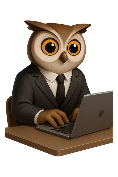 Сова держит в костюме и рубашке сидит за ноутбуком и что-то печатает, прозрачный фон sticker