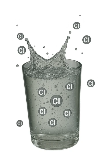 un bicchiere di acqua cade verticalmente dall'alto realistico e dettagliato, dentro l'acqua del bicchiere ci sono particelle di cloro ben visibili con la scritta "Cl" sopra, ci sono particelle anche che escono dal bicchiere e fluttuano in aria verticalmente, mentre alcune sono all'interno dell'acqua nel bicchiere, iperrealistico 4k sticker