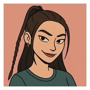 Create a cartoon style face that very closely matches the girl's facial features, hairstyle, and confident, slightly mischievous expression from the reference image. Focus on accuracy and capturing her unique look, in a cute but slightly mysterious cartoon style. sticker