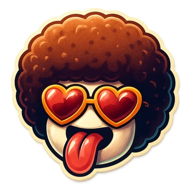 White circle face, afro, heart glasses, big heart eyes, tounge rolled out sticker