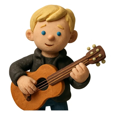 young blonde boy in a black jacket playing a guitar in claymation style sticker