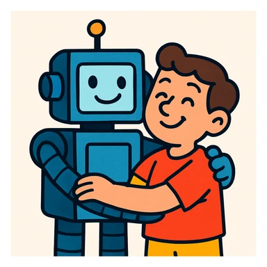 robot hugging human, in a friendly cartoon style sticker