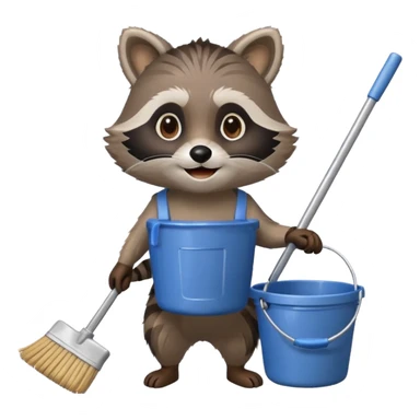 raccoon emoji with a mop and bucket, minimal details, cheerful, apple emoji style sticker