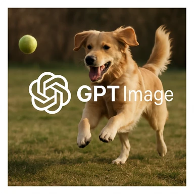  logo of chat gpt with text "GPT Image" on the background of a dog chasing ball, realistic image sticker