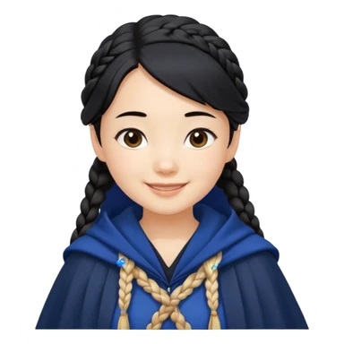 braid black hair, white asian girl, dark blue cloak, happy smile sticker