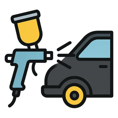 paint spray gun pointing at a section of a car, light layer of glossy black paint spraying out, main color glossy black with silver details, clean lines, modern and clean style, no excess paint sticker