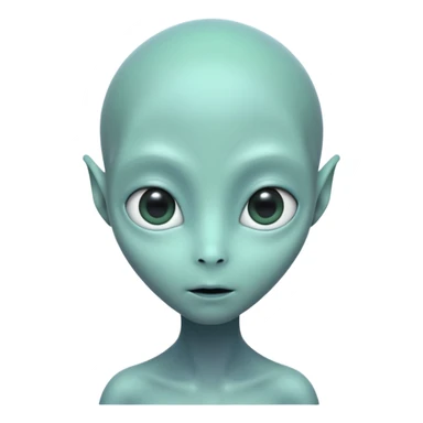 Portrait of an alien with smooth greenish-blue skin, large black oval eyes, small nose, and no visible ears, elongated head, front-facing, calm expression, soft glow, simple futuristic design sticker