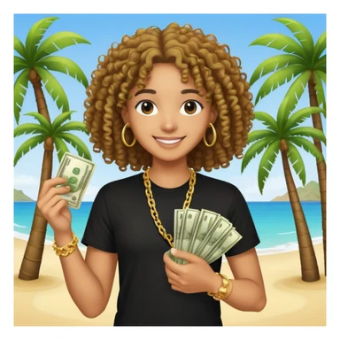 Happy mixed-race person with curly hair in black t-shirt and gold chain, holding money, palm tree beach background sticker