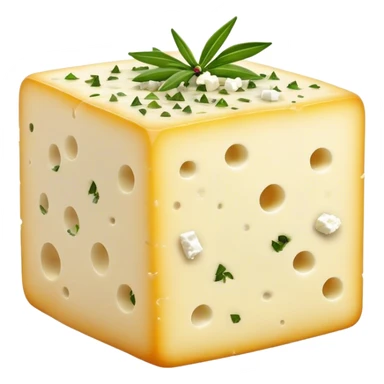 Cinematic Realistic Feta Cheese Dish Emoji, depicted as a block of crumbly, tangy cheese garnished with olive oil and herbs rendered with lifelike detail and soft natural lighting. sticker