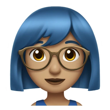 A girl with white glasses, a blue dress, a bronze dress, and a fringe, and blue and black hair sticker