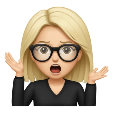 Young woman, wearing black clothes, brunette/blonde with loose hair, wearing white glasses, shouting bad words sticker