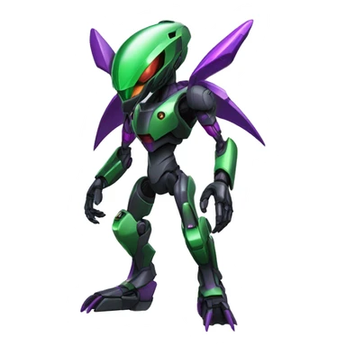 a shiny black-green-purple Genesect-Raptor-Fakémon-Medabot-hybrid with a futuristic visor-helmet full body sticker