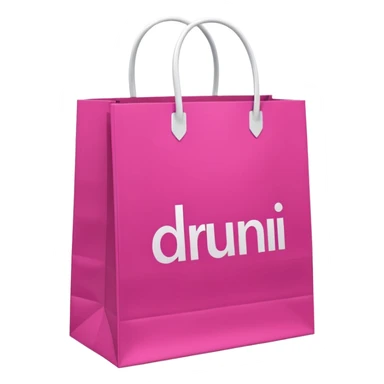 Fuchsia pink paper bag with white handles, repeating 'DRUNI' pattern in light pink and a large vertical 'DRUNI' in bold white letters in the center, iOS emoji style, shiny and realistic. sticker