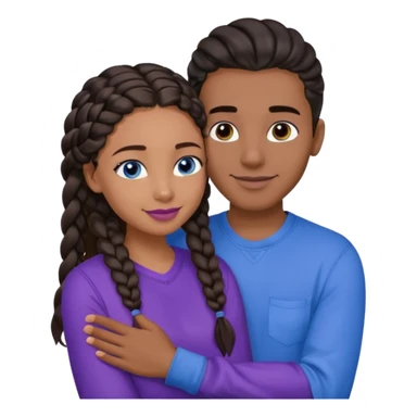 Boyfriend who is very tan olive skinned with blue eyes and wavy straight brown hair in a blue shirt and his girlfriend who is very dark skinned, juicy lipped with black braided hair and the two are hugging and smiling hugely she’s wearing purple and she has black eyes sticker