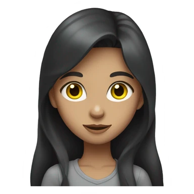 A girl with long dark hair. She has green eyes and a gray cat with yellow eyes on her hands sticker