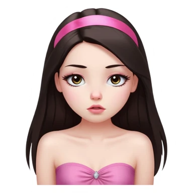 girl with white skin, dark brown long straight hair falling in front of her body, pouty shiny lips without cupid's bow, shiny large eyes with long eyelashes, lighter button nose, very long oval-shaped face, wearing a pink bandeau top with straight neckline, looking directly at camera with hands down at sides sticker
