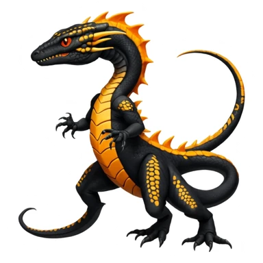 Magmatic fiery badass cool obsidian-Black and golden-orange Helioptile-Amaura-Salandit-Fakémon-hybrid-creature (full body)  sticker