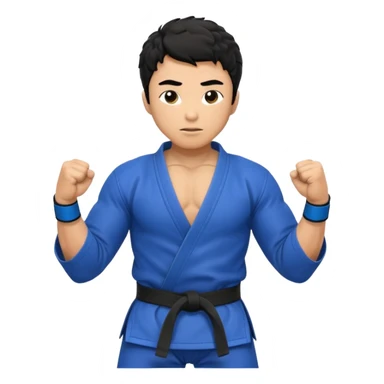 An Asian man with a bit curly hair doing Brazilian jujitsu. He has blue belt sticker