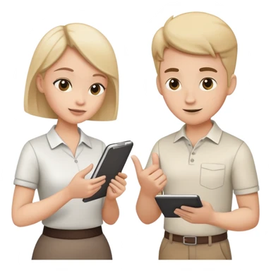 Two team members facing each other, one holding a notepad and the other gesturing, in a collaborative pose sticker