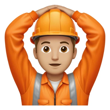 man standing, facing backwards, wearing orange hi visibility overalls, hands above head sticker