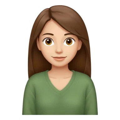 Happy woman with a long straight brown hair, brown eyes in a sage green sweater with a V-neck sticker