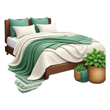 cozy modern boho bedroom with many houseplants, layered rugs, and piles of textured blankets and pillows sticker