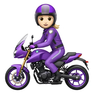 Créer un emoji avec une moto mt07 sport noir mate / violet iridescent très foncé, pare-brise de la moto violet. Avec une pilote dessus, visage complet caché  par la visière violette . Avec en arrière plan cercle violet. sticker