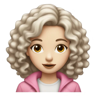 young girl with pale skin, gray eyes, long curly brown hair with pink lips sticker