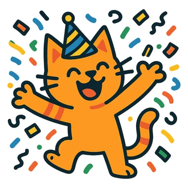a cat throwing confetti, wearing a party hat, vibrant cartoon style sticker