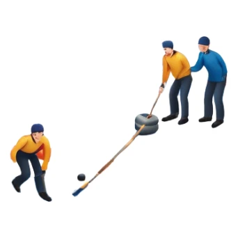 An icon showing a curling match on an indoor ice stadium, with a polished curling stone gliding toward the target and players sweeping. Spectators watch from stands, and flags hang above the rink. Transparent background highlights strategy and focus in the sport of curling. sticker