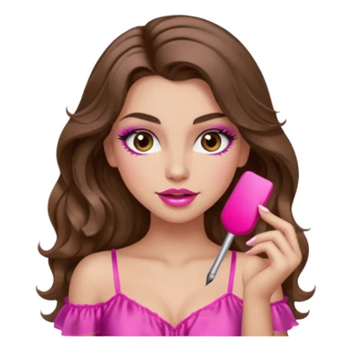 girl with long wavy brown hair, brown eyes, long lashes makeup, sexy pink lips, light to medium complexion, wearing a pink sexy silk top, winking  sticker