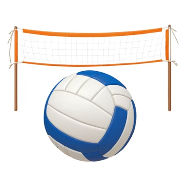 The scene captures a sunny sea beach atmosphere with clear blue sea and sky, palm trees swaying. A volleyball resting on the orange sand ground of a beach, with a volleyball net in the background.  sticker