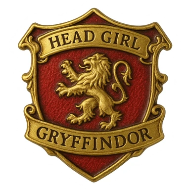 realistic Gryffindor badge for head girl, with lion crest, 'Head Girl' text, ornate gold and red enamel, no human figures, resembling official school pin sticker