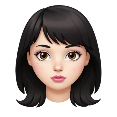 white girl, oval face, bangs and long black, slightly wavy hair. With round brown eyes, small and round nose, full and pink lips. Skin with some freckles. rock style sticker