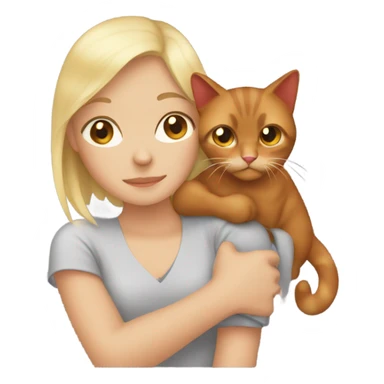A picture in the style of an iPhone emoji, where a blonde girl with brown eyes hugs a red fold-eared cat sticker