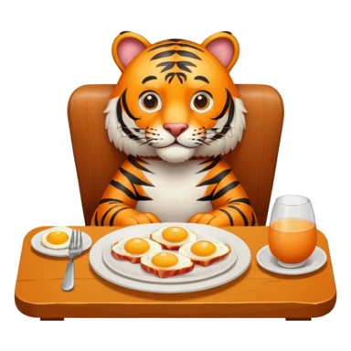 Tiger sitting by a table on a chair with a plate of eggs and bacon in front of him on the table   sticker