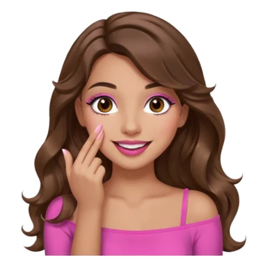 girl with long wavy brown hair, brown eyes, long lashes makeup, pink lips, light to medium complexion, pink sexy top, smiling, hand covering mouth sticker