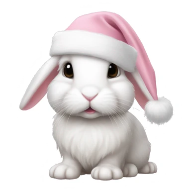 White mini lop rabbit in a light pink Santa hat sticker