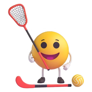 3D smiley emoji, round shape, holding floorball stick and ball, sporty face, transparent background (floorball) sticker