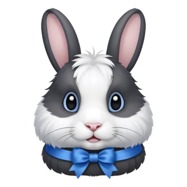a white and black realistic domestic rabbit with a blue ribbon on its neck sticker