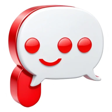 A sleek 3D icon of an AI assistant with glowing red elements, chat bubbles, and subtle YouTube play button integration, white background, modern tech style sticker