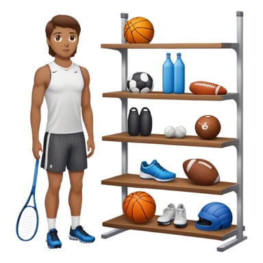 a white person with brown hair standing next to a shelf where sports equipment is placed sticker