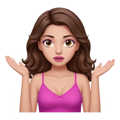girl with long wavy brown hair, brown eyes, long lashes makeup, sexy pink lips, light to medium complexion, pink sexy top, two hands up, shrugging, confused sticker