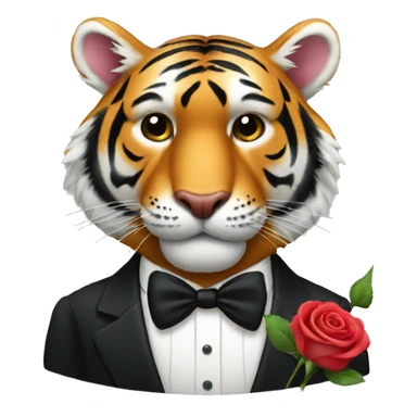 tiger with a rose in his mouth wearing a tuxedo sticker