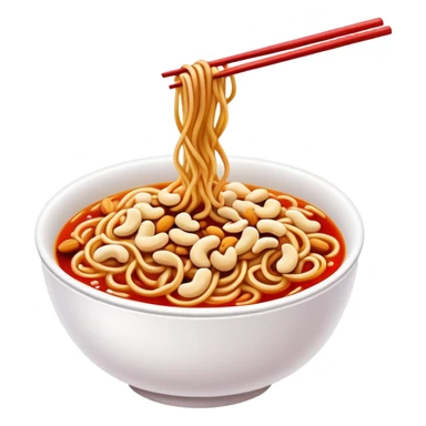 Chongqing Xiaomian spicy noodles with red oil and peanuts, simplified emoji style with bold outlines and bright colors, cartoon style Sichuan street food sticker