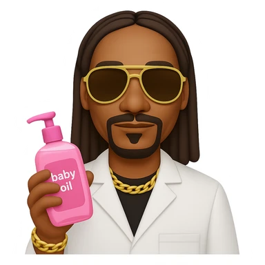 Change the baby oil bottle to pink, Snoop Dogg with sunglasses holding it, in emoji style with no background. sticker