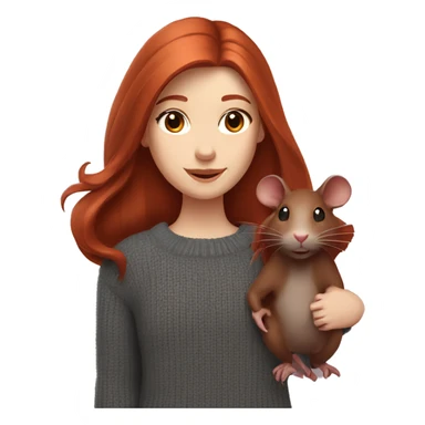redhead girl with long hair and Dyson styling with grey eyes in a burgundy sweater and a rat on her shoulder sticker