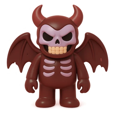 horrifying monster with skeletal features, tattered wings, sinister grin, dark red and black colors, vinyl figure style sticker