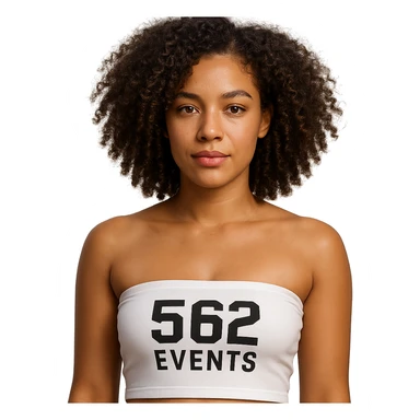 realistic Red Bone woman with light brown skin, curly hair, wearing a white tube top that says '562 Events' sticker